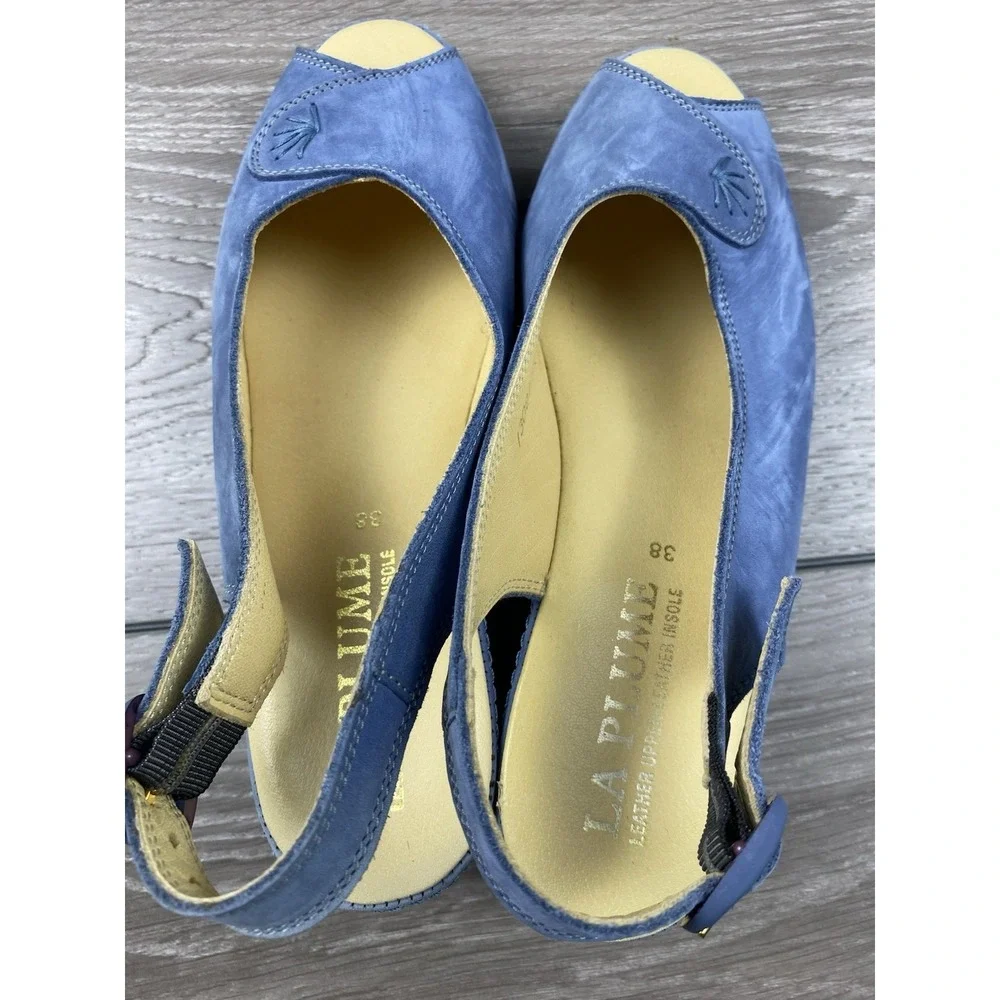 La Plume Womens Leather‎ Peep Toe Slingback Wedge Sandals Blue Size 38 US 7